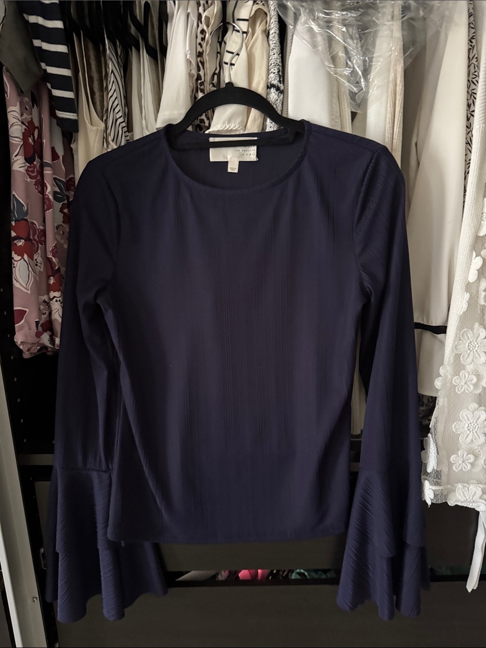 J.O.A. Navy Ribbed Long-Sleeve Top with Tiered Bell Sleeves - Picture 2 of 6